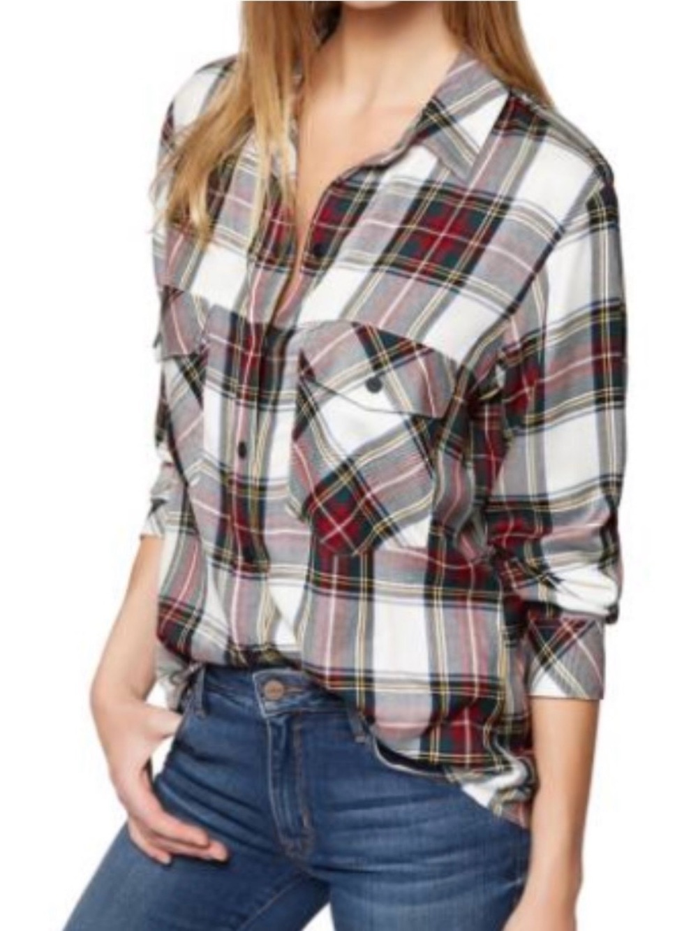 Sanctuary Plaid Boyfriend Button-Down Shirt in White and Red